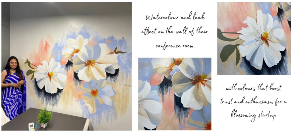 Floral watercolor-style wall mural painted inside an office conference room.
