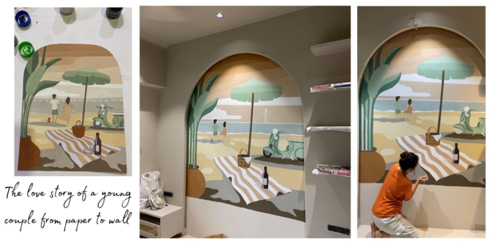 Illustrated residential wall mural narrating a couple’s love story.