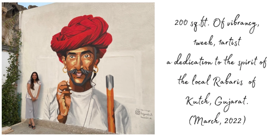 Large portrait wall mural depicting a member of the Rabari community in Gujarat.