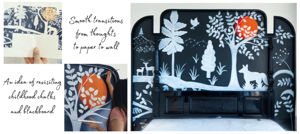 Black and white chalk-style wall mural inspired by childhood drawings and nature.