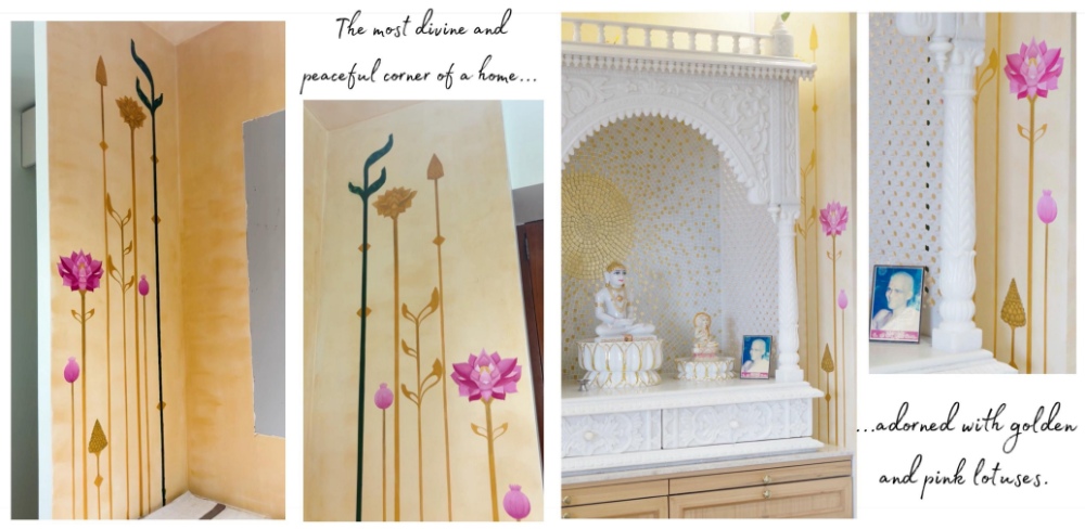 Spiritual wall mural with lotus motifs in soft gold and pink tones.