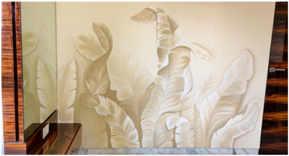Minimal textured botanical wall mural in soft neutral tones.