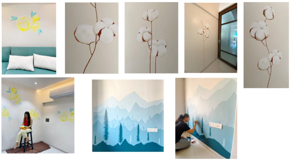 Soft nature-inspired wall mural with botanical forms in neutral tones.