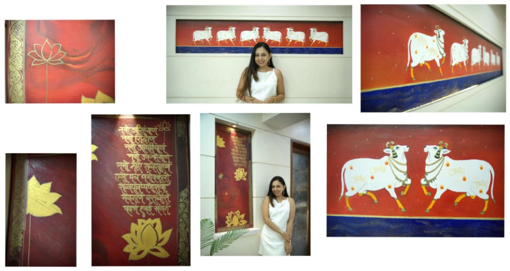 Lotus-inspired red canvas artwork symbolizing peace, purity, and calmness, created by a mural artist in India.