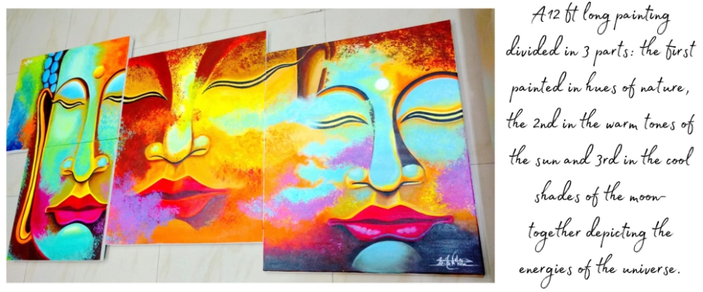 Abstract acrylic triptych painting depicting human faces and cosmic energy, created by a mural artist in India.