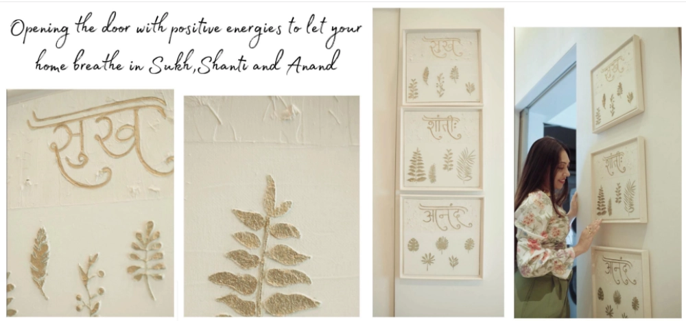 Textured mixed media canvas artwork with botanical forms and script symbolizing positivity, calmness, and harmony.