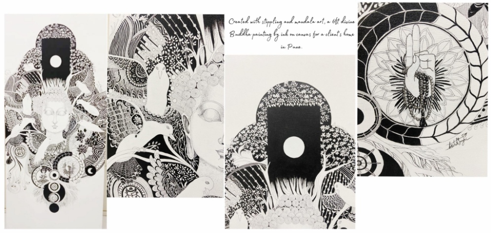 Abstract ink artwork on canvas featuring intricate line patterns and symbolic forms expressing inner consciousness.