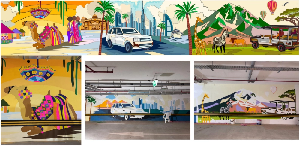 Large hand-painted wall mural showcasing travel, culture, wildlife, and cityscapes across a parking space in Dubai.