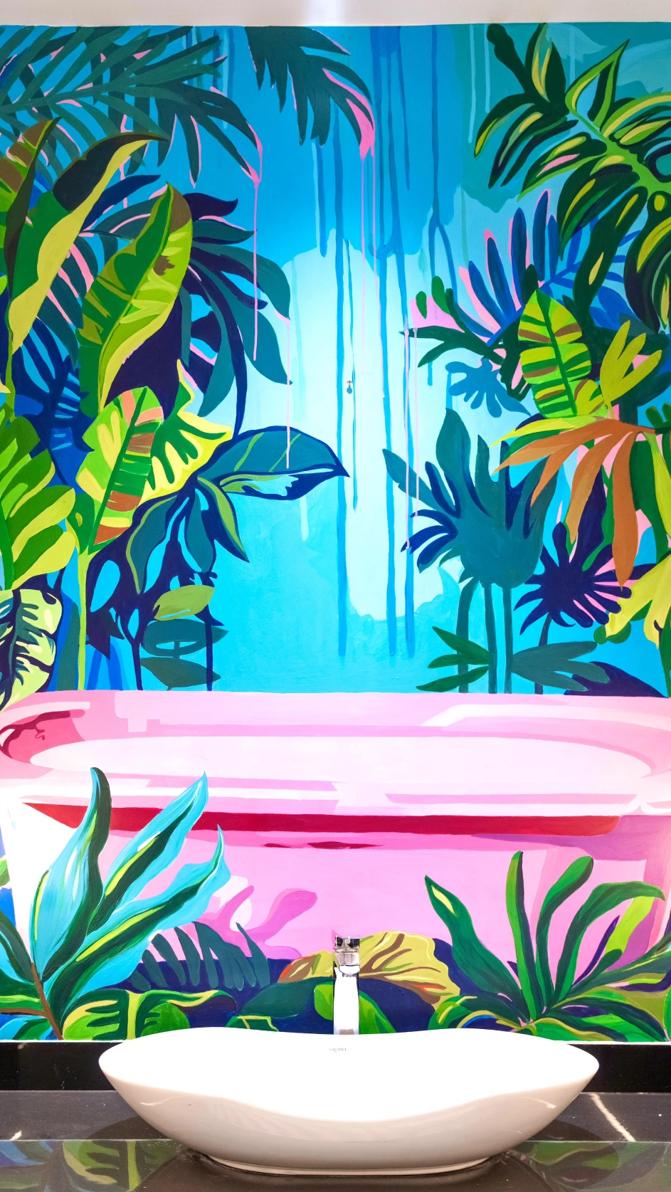 A vibrant tropical wall mural that transforms the wall into a lively and refreshing visual experience.